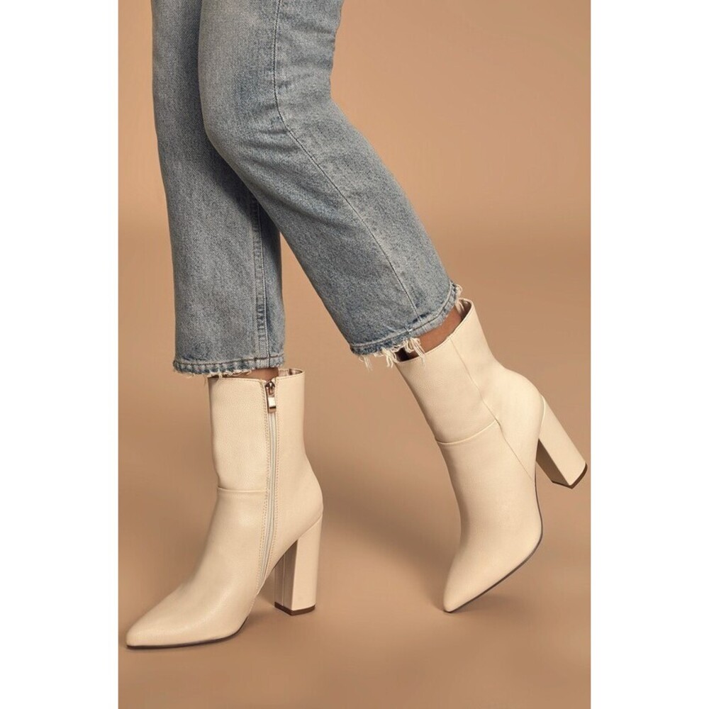Lulus Dawson Bone Pebble Pointed-toe Mid Calf Boots White - Size 5